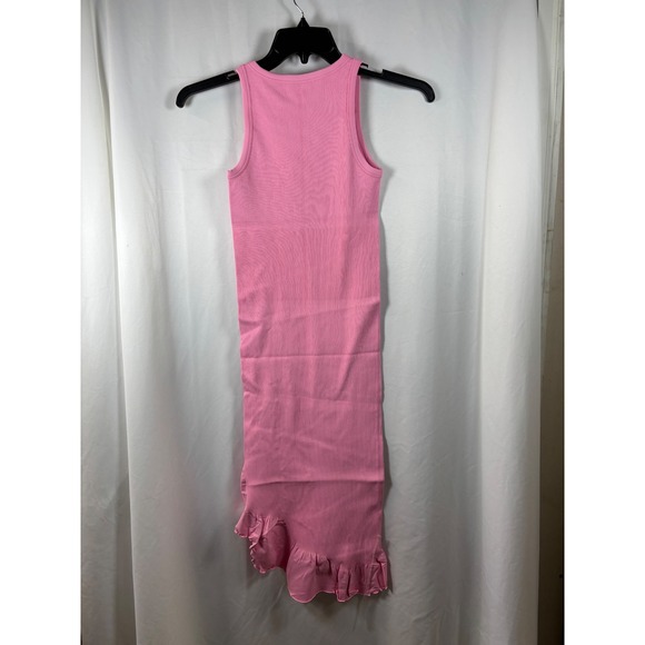 OQQ Womens Pink Ribbed Sleeveless Asymmetrical Ruffle Hem Bodycon Midi Dress M - Picture 3 of 3